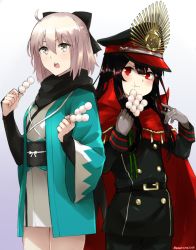 Rule 34 | 2girls, :o, :t, ahoge, between fingers, black bow, black hair, black scarf, blonde hair, blush, bow, cowboy shot, crest, dango, eating, family crest, fate (series), food, gloves, grey gloves, hair bow, haori, hat, holding, holding food, japanese clothes, kimono, koha-ace, long hair, looking at another, military, military hat, military uniform, multiple girls, oda nobunaga (fate), oda nobunaga (koha-ace), okita souji (fate), okita souji (koha-ace), open mouth, peaked cap, red eyes, scarf, shinsengumi, skewer, somechime (sometime1209), standing, teeth, twitter username, uniform, wagashi, white kimono, yellow eyes