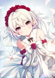 Rule 34 | 1girl, bare shoulders, beads, black ribbon, blush, bow, braid, closed mouth, cross, cross print, detached collar, detached sleeves, dress, dutch angle, flat chest, flower, flower wreath, hair between eyes, hair flower, hair ornament, head chain, head wreath, honkai (series), honkai impact 3rd, jewelry, looking at viewer, neck ribbon, qunqing, red flower, red rose, ribbon, rose, silver hair, smile, solo, strapless, strapless dress, theresa apocalypse, theresa apocalypse (luna kindred), updo, upper body, veil, white bow, white dress