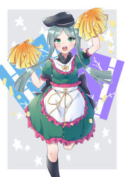 Rule 34 | 1girl, absurdres, apron, arms up, bamboo, black hat, black socks, blue background, border, bow, breasts, buttons, confetti, dress, green dress, green eyes, green hair, grey background, hands up, hat, highres, kamukamu 23, leg up, looking at viewer, medium breasts, multicolored background, open mouth, pom pom (cheerleading), puffy short sleeves, puffy sleeves, purple background, short hair, short hair with long locks, short sleeves, smile, socks, solo, square, standing, standing on one leg, star (symbol), starry background, teeth, teireida mai, tongue, touhou, white apron, white border, yellow bow