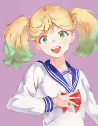 Rule 34 | 1girl, :d, absurdres, blonde hair, bow, gradient hair, green eyes, green hair, hand up, highres, kageki shoujo!!, long sleeves, looking at viewer, medium hair, multicolored hair, open mouth, pink background, red bow, school uniform, shirt, smile, sobaro (just-moikin), twintails, uniform, upper body, watanabe sarasa, white shirt