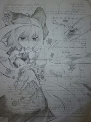 Rule 34 | 1girl, cirno, doodle, drawing, monochrome, scan, solo, test paper, touhou, traditional media