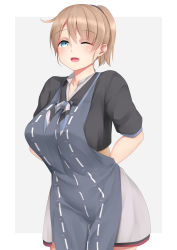 Rule 34 | apron, arms behind back, bad id, bad pixiv id, black neckerchief, black shirt, blue apron, blue eyes, blue neckerchief, breasts, brown hair, cowboy shot, grey neckerchief, intrepid (kancolle), kantai collection, large breasts, multicolored neckwear, ne an ito, neckerchief, one eye closed, ponytail, shirt, short hair, short sleeves, skirt, solo, standing, white neckerchief, white skirt