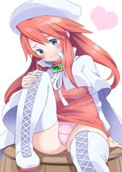Rule 34 | 1girl, absurdres, aty (summon night), barrel, blue eyes, blush, boots, capelet, cross-laced footwear, dress, hair between eyes, hat, heart, highres, lace-up boots, long hair, long sleeves, looking at viewer, panties, pink panties, red dress, red hair, roah, sitting, smile, solo, summon night, summon night 3, thigh boots, thighhighs, underwear, white background, white capelet, white footwear, white hat, white sleeves