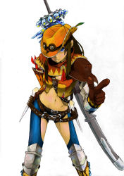 Rule 34 | 1girl, bad id, bad pixiv id, beijuu, belt, blue eyes, brown hair, capcom, cowboy hat, gloves, hat, long hair, looking at viewer, midriff, monster hunter (series), navel, one eye covered, pointing, pointing at viewer, poncho, scoutsmiso, solo, sword, weapon, wroggi (armor)