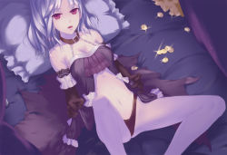Rule 34 | 1girl, bed, bed sheet, breasts, choker, cicatrice, cleavage, clothes lift, coin, eichi (yashokuya), elbow gloves, fantasy earth zero, frilled pillow, frills, gloves, highleg, highleg panties, lingerie, lying, navel, on back, open mouth, panties, pillow, red eyes, shirt lift, short hair, silver hair, small breasts, solo, spread legs, underwear, vampire