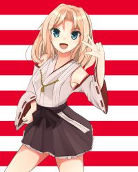 Rule 34 | 10s, 1girl, blonde hair, blue eyes, cosplay, detached sleeves, girls und panzer, highres, kantai collection, kay (girls und panzer), kongou (kancolle), kongou (kancolle) (cosplay), long hair, nontraditional miko, solo, sonyntendo, standing, v