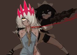 Rule 34 | 2girls, armor, arms behind back, black eyes, black hair, blood, borrowed character, breasts, brown background, centurii-chan (artist), closed mouth, dark-skinned female, dark skin, decapitation, execution, executioner maid (centuriic), freckles, gauntlets, hair over one eye, highres, holding, long hair, long sleeves, looking up, maid, maid headdress, multiple girls, one eye covered, open mouth, original, ringed eyes, rope around neck, scar, scar on neck, short hair, simple background, small breasts, smile, solaria (ebonyxh), sweat, sword, two-handed sword, weapon, white hair, yellow eyes