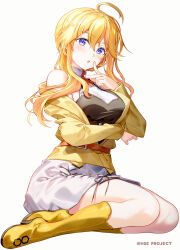 1girl ahoge bare_shoulders black_camisole blonde_hair blue_eyes breasts camisole commentary_request fujima_takuya grey_background hair_between_eyes highres highspeed_etoile jacket long_hair looking_at_viewer medium_breasts off_shoulder official_art open_clothes open_jacket parted_lips shirt simple_background sitting skirt solo sophia_b_tokitou white_shirt white_skirt yellow_footwear yellow_jacket yokozuwari