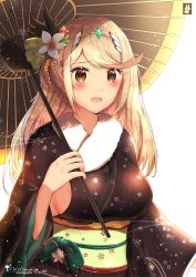 Rule 34 | 1girl, alternate costume, artist name, blonde hair, blush, breasts, chinchongcha, flower, highres, holding, holding umbrella, japanese clothes, kimono, large breasts, long hair, looking at viewer, mythra (xenoblade), new year, sideboob, smile, solo, umbrella, xenoblade chronicles (series), xenoblade chronicles 2, yellow eyes