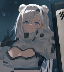Rule 34 | 1girl, arknights, aurora (arknights), black gloves, black hairband, blue eyes, blush, breasts, cleavage, cleavage cutout, closed mouth, clothing cutout, commentary, cropped jacket, double bun, gloves, grey hair, hair bun, hair ornament, hair over one eye, hairband, hairclip, hand up, highres, jacket, long sleeves, looking at viewer, medium breasts, night, night sky, outdoors, puffy long sleeves, puffy sleeves, shield, sky, sleeves past wrists, smile, snowing, solo, tochi (tochitochi2523), upper body, white jacket