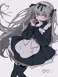 Rule 34 | 1girl, :t, absurdres, ameno (motiizamurai), apron, black bow, black jacket, black ribbon, black skirt, black thighhighs, blush, bow, closed mouth, collared jacket, commentary, dutch angle, feet out of frame, floating hair, frilled apron, frills, garter straps, grey eyes, grey hair, hair between eyes, hair bow, hair ribbon, heart, heart hair, heart hands, highres, jacket, jersey maid, long hair, long sleeves, looking at viewer, maid, maid headdress, original, petticoat, pleated skirt, pout, ribbon, sidelocks, simple background, skirt, solo, sweatdrop, symbol-only commentary, thighhighs, track jacket, twintails, unconventional maid, very long hair, white apron, white background