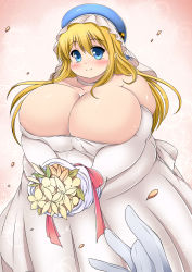 Rule 34 | 10s, 1girl, atago (kancolle), bare shoulders, beret, blonde hair, blue eyes, blush, bouquet, breasts, cleavage, dress, fat, flower, gigantic breasts, hat, highres, kantai collection, kurokaze no sora, long hair, looking at viewer, obese, pov, smile, tears, thighhighs, wedding dress