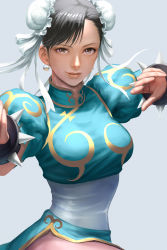 Rule 34 | 1girl, alternate color, black hair, bracelet, breasts, brown eyes, bun cover, capcom, china dress, chinese clothes, chun-li, commentary request, double bun, dress, earrings, fighting stance, fingernails, green dress, grey background, hair bun, highres, jewelry, large breasts, lips, looking at viewer, lotz, narrow waist, nose, pantyhose, puffy short sleeves, puffy sleeves, raised eyebrow, sash, short hair, short sleeves, solo, spiked bracelet, spikes, street fighter, street fighter ii (series), swept bangs, upper body