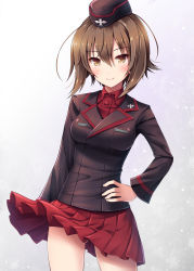 Rule 34 | 10s, 1girl, akashio (loli ace), black jacket, blush, breasts, brown eyes, brown hair, commentary request, emblem, garrison cap, girls und panzer, gluteal fold, gradient background, hair between eyes, hand on own hip, hat, highres, jacket, long sleeves, looking at viewer, medium breasts, military, military uniform, nishizumi maho, no panties, pleated skirt, red shirt, red skirt, shirt, short hair, simple background, skirt, smile, solo, standing, uniform, wind, wind lift
