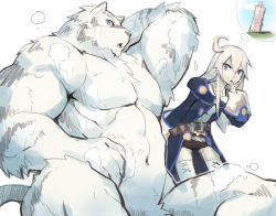 Rule 34 | 1boy, 1girl, animal ears, bara, blue eyes, bubble, completely nude, drinking, furry, furry male, jacketbear, large pectorals, leaning forward, male focus, male pubic hair, mercenary (zero kara hajimeru mahou no sho), muscular, muscular male, navel, no nipples, nude, out-of-frame censoring, pectorals, pubic hair, showering, soap, solo focus, stomach, tail, thought bubble, tiger boy, tiger ears, tiger tail, white hair, zero (zero kara hajimeru mahou no sho), zero kara hajimeru mahou no sho