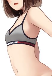 Rule 34 | 1girl, :d, bare shoulders, blush, bob cut, brand name imitation, breasts, brown hair, cleavage, clothes writing, collarbone, commentary request, head out of frame, highres, kapatarou, navel, open mouth, original, short hair, small breasts, smile, solo, sports bra, stomach, upper body
