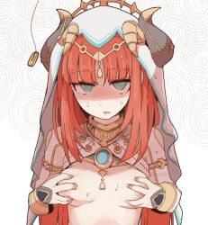 Rule 34 | 1girl, @ @, blue eyes, blunt bangs, grabbing another&#039;s breast, breasts, genshin impact, grabbing, grabbing own breast, halo, highres, horns, hypnosis, jewelry, long hair, mind control, nilou (genshin impact), nipples, nns (sobchan), parted lips, priestess, red hair, skindentation, small breasts, spiral background, sweat, white background