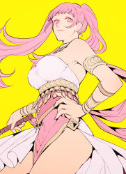 Rule 34 | 1girl, armlet, bracelet, breasts, closed mouth, dancer, dancer (fire emblem: three houses), dress, female focus, fire emblem, fire emblem: three houses, hand on own hip, highres, hilda valentine goneril, holding, jewelry, large breasts, long hair, looking at viewer, matching hair/eyes, mizuno (iori-amu), necklace, nintendo, pink eyes, pink hair, simple background, single-shoulder dress, solo, thick thighs, thighs, twintails, yellow background