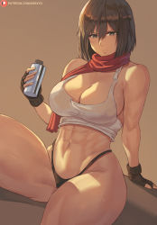 Rule 34 | 1girl, abs, bare shoulders, black gloves, black hair, blue eyes, breasts, brown background, cleavage, female focus, fingerless gloves, gloves, highres, large breasts, mikasa ackerman, muscular, muscular female, red scarf, scarf, shexyo, shingeki no kyojin, short hair, simple background, sitting, solo, thick thighs, thighs, thong, toned