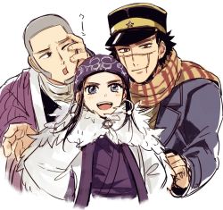 Rule 34 | 1girl, 2boys, :d, ainu, ainu clothes, asirpa, bandana, black eyes, black hair, black headwear, blue bandana, blue coat, blue eyes, blush, brown eyes, buzz cut, cape, closed mouth, coat, commentary request, ear piercing, earrings, facial hair, facial scar, fur cape, goatee, golden kamuy, grey hair, hand on another&#039;s face, hat, hoop earrings, imperial japanese army, jacket, jewelry, kepi, long hair, long sideburns, long sleeves, looking at another, looking at viewer, looking to the side, military, military hat, military uniform, multiple boys, nbsttr, open mouth, piercing, purple jacket, scar, scar on cheek, scar on face, scar on mouth, scar on nose, scarf, shiraishi yoshitake, shirt, short hair, sideburns, simple background, smile, spiked hair, star (symbol), sugimoto saichi, two-tone headwear, uniform, upper body, very short hair, white background, white cape, white shirt, yellow headwear, yellow scarf