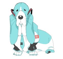 Rule 34 | animal, animalization, aqua fur, aqua necktie, basset hound, black eyes, claws, closed mouth, clothed animal, commentary, detached sleeves, dog, english commentary, floppy ears, full body, hatsune miku, looking at viewer, necktie, no humans, simple background, solo, tattoo, ushimooshi, vocaloid, whiskers, white background, white fur