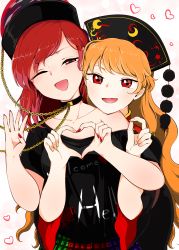 Rule 34 | 2girls, :d, ;d, absurdres, black shirt, blonde hair, blush, chain, chinese clothes, choker, eyebrows hidden by hair, gradient background, hat, head on another&#039;s shoulder, head rest, head tilt, heart, heart hands, heart hands duo, hecatia lapislazuli, highres, junko (touhou), kaisenpurin, long hair, looking at viewer, medium hair, multicolored clothes, multicolored skirt, multiple girls, nail polish, off-shoulder shirt, off shoulder, one eye closed, open mouth, orange hair, pink background, plaid, plaid skirt, red eyes, red hair, red nails, shirt, short sleeves, skirt, smile, swept bangs, t-shirt, touhou, upper body, wide sleeves, yuri