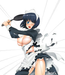 Rule 34 | 1girl, a1 (initial-g), absurdres, black hair, blue eyes, blush, bra, breasts, exploding clothes, female focus, frying pan, highres, lingerie, maid, nipples, one eye closed, panties, short hair, siesta (zero no tsukaima), solo, tearing clothes, torn clothes, underwear, white background, wink, zero no tsukaima