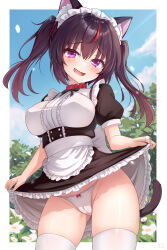 Rule 34 | 1girl, absurdres, animal ear fluff, animal ears, apron, belt collar, bikini, black dress, black hair, blue sky, blush, border, bow, bow bikini, breasts, cat ears, cat girl, cat tail, clothes lift, cloud, collar, day, dress, dress lift, fang, highres, kazuneko-chan, kazuneko (wktk1024), large breasts, long hair, looking at viewer, maid, maid apron, maid headdress, multicolored hair, open mouth, original, outdoors, outside border, purple eyes, red collar, red hair, red streaks, sky, smile, solo, streaked hair, swimsuit, tail, thighhighs, twintails, white bikini, white border, white thighhighs