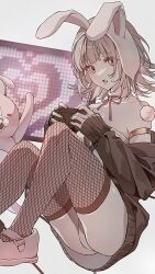 Rule 34 | 1girl, :o, animal ears, bare shoulders, black cardigan, black thighhighs, cardigan, collarbone, controller, danganronpa (series), danganronpa 2: goodbye despair, dot nose, fake animal ears, fishnet thighhighs, fishnets, flipped hair, foot out of frame, foot up, game controller, grey hair, highres, holding, holding controller, holding game controller, looking at viewer, mameko (l8 w3), medium hair, monomi (danganronpa), nanami chiaki, neck ribbon, no pants, off shoulder, official alternate costume, open cardigan, open clothes, open mouth, panties, pink eyes, pink footwear, pom pom (clothes), rabbit ears, red ribbon, ribbon, shirt, shoes, solo, strapless, strapless shirt, thighhighs, underwear, white panties, white shirt