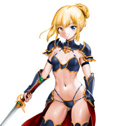 Rule 34 | 1girl, arm guards, armor, bikini, blonde hair, blue armor, blue bikini, blue eyes, blue thighhighs, breasts, cleavage, gem, grin, hair bun, heterochromia, highres, holding, holding sword, holding weapon, looking at viewer, midriff, minamoto80486, navel, orange eyes, red gemstone, ringed eyes, short hair, shoulder armor, simple background, single hair bun, small breasts, smile, solo, swimsuit, sword, teeth, thighhighs, waist cape, weapon, white background, wizardry
