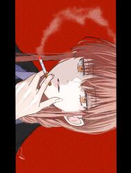 Rule 34 | 1girl, black jacket, braid, braided ponytail, chainsaw man, cigarette, collared shirt, film grain, highres, holding, holding cigarette, jacket, long bangs, long hair, looking at viewer, makima (chainsaw man), minato, pillarboxed, portrait, red background, red hair, ringed eyes, shirt, sideways, signature, simple background, smoking, solo, white shirt, yellow eyes