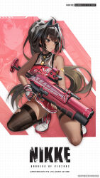 Rule 34 | 1girl, bandaid, bandaid on arm, bare shoulders, bay (nikke), black hair, breasts, cheerleader, crop top, dark-skinned female, dark skin, goddess of victory: nikke, gun, hair intakes, highres, holding, holding gun, holding weapon, large breasts, miniskirt, mole, mole under mouth, multicolored hair, official art, pleated skirt, red hair, skirt, solo, squatting, sweat, thong, weapon, whale tail (clothing)