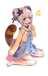 Rule 34 | 1girl, ^^^, ahoge, barefoot, blue shirt, blush, bow, candy, collar, deany, double bun, drop shadow, flower, food, hair bun, hair ornament, hair ribbon, hair tie, lollipop, panties, raccoon tail, ribbon, shirt, sitting, sleeves past wrists, solo, soulworker, stella unibell, striped clothes, striped panties, tail, underwear, wariza