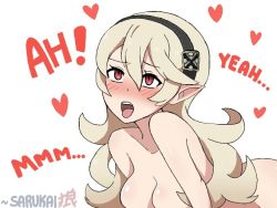 Rule 34 | 1girl, artist name, black hairband, blush, breasts, collarbone, corrin (female) (fire emblem), corrin (fire emblem), english text, fire emblem, fire emblem fates, hair between eyes, hairband, heart, implied sex, long hair, medium breasts, nintendo, nude, open mouth, pointy ears, red eyes, sarukaiwolf, shiny skin, silver hair, simple background, solo, teeth, text focus, tongue, tongue out, upper teeth only, white background