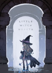 1girl arch blonde_hair boots cat cloak commentary_request dress from_side full_body hat highres holding holding_staff konno_takashi little_witch_nobeta long_hair nobeta phyllis_(cat)_(little_witch_nobeta) phyllis_(little_witch_nobeta) solo staff standing thighhighs witch witch_hat