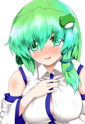 Rule 34 | 1girl, blush, breasts, byoin, cleavage, detached sleeves, frog hair ornament, green eyes, green hair, hair ornament, highres, japanese clothes, kochiya sanae, large breasts, long hair, looking at viewer, matching hair/eyes, miko, open mouth, smile, snake hair ornament, solo, touhou, upper body