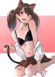 Rule 34 | 1girl, animal ears, barefoot, black bra, blush, bra, brown eyes, brown hair, cat ears, cat tail, fang, hair between eyes, highres, holding own tail, kabayaki namazu, kantai collection, long hair, looking at viewer, open clothes, open mouth, open shirt, pleated skirt, ryuujou (kancolle), shirt, simple background, sitting, skirt, solo, tail, twintails, two-tone background, underwear
