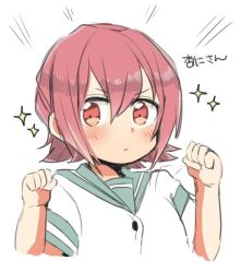 Rule 34 | 10s, 1girl, :/, bad id, bad twitter id, blush, clenched hands, emphasis lines, kantai collection, kinu (kancolle), oomori (kswmr), red eyes, red hair, sailor collar, shirt, short hair, short sleeves, sketch, solo, sparkle, uniform, upper body, white background