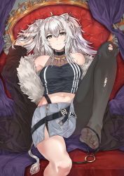 Rule 34 | 1girl, ahoge, animal ears, bare shoulders, black nails, black shirt, breasts, cleavage, collarbone, covered collarbone, fingernails, fur-trimmed jacket, fur trim, grey eyes, grey hair, hair between eyes, highres, hololive, jacket, jewelry, knee up, large breasts, lion ears, lion girl, lion tail, long fingernails, long hair, looking at viewer, midriff, mogami toki, nail polish, navel, necklace, no shoes, off shoulder, playing with own hair, see-through, see-through cleavage, shirt, shishiro botan, shishiro botan (1st costume), sidelocks, single thighhigh, sitting, skirt, sleeveless, sleeveless shirt, solo, striped, tail, thighhighs, throne, toes, torn clothes, unzipped, virtual youtuber