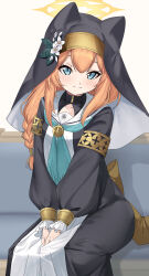 Rule 34 | 1girl, amaton707, armlet, blue archive, blue eyes, braid, collarbone, commentary request, couch, flower, habit, hair between eyes, hair flower, hair ornament, hair tubes, halo, highres, long hair, long sleeves, looking at viewer, mari (blue archive), nun, on couch, orange hair, school uniform, serafuku, sidelocks, simple background, single braid, sitting, smile, solo, v arms