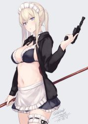 Rule 34 | 1girl, apron, artist name, artoria pendragon (alter swimsuit rider) (fate), artoria pendragon (alter swimsuit rider) (fate) (cosplay), artoria pendragon (alter swimsuit rider) (second ascension) (fate), artoria pendragon (fate), bikini, bikini top only, black bikini, breasts, bridal garter, cleavage, cosplay, cowboy shot, dated, detached collar, dl-44 blaster pistol, fate/grand order, fate (series), graf zeppelin (kancolle), gun, handgun, hood, hooded jacket, hoodie, jacket, kantai collection, lace trim, light brown hair, maid headdress, medium breasts, navel, open clothes, open hoodie, open jacket, pistol, purple eyes, ribbon trim, rokuwata tomoe, sidelocks, simple background, skirt, solo, swimsuit, trigger discipline, twintails, waist apron, weapon