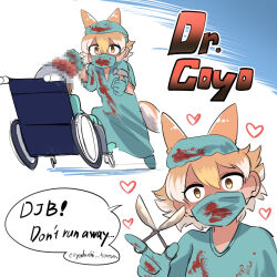 Rule 34 | 1girl, animal ears, blonde hair, coyote (kemono friends), doctor, dress, extra ears, gloves, gown, heart, highres, kemono friends, kemono friends v project, looking at viewer, mask, mcgunngu, mouth mask, parody, short hair, simple background, surgeon, surgeon simulator, surgical cap, surgical mask, surgical scissors, tail, virtual youtuber, wolf ears, wolf girl, wolf tail, yellow eyes