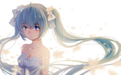 Rule 34 | 1girl, ahoge, aqua eyes, artist name, bad id, bad pixiv id, bare shoulders, blue eyes, breasts, cleavage, closed mouth, collarbone, dated, female focus, floating hair, flower, green hair, hair flower, hair ornament, hair ribbon, hatsune miku, long hair, medium breasts, petals, ribbon, solo, twintails, very long hair, vocaloid, white background, xiaozi