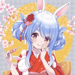 Rule 34 | 1girl, :t, animal ear fluff, animal ears, blue hair, braid, closed mouth, commentary request, dated, double bun, eating, food, hair bun, hands up, highres, hololive, japanese clothes, kimono, long sleeves, mochi, multicolored hair, necocafe lili, obi, rabbit ears, red eyes, red kimono, sash, short eyebrows, sidelocks, signature, solo, thick eyebrows, two-tone hair, upper body, usada pekora, usada pekora (new year), virtual youtuber, wavy mouth, white hair