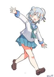 Rule 34 | 1girl, absurdres, aqua neckerchief, aqua skirt, blue hair, blue sailor collar, dixie cup hat, double bun, hair bun, hat, highres, kantai collection, loafers, long sleeves, military hat, miniskirt, neckerchief, one-hour drawing challenge, outstretched arms, pleated skirt, robinson (day l full), sailor collar, samuel b. roberts (kancolle), school uniform, serafuku, shirt, shoes, short hair, simple background, skirt, sleeve cuffs, solo, white background, white hat, white shirt, yellow eyes