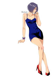 Rule 34 | 1girl, alternate costume, arm support, bare arms, bare shoulders, black hair, bleach, blue dress, bracelet, breasts, cleavage, collarbone, commentary, contemporary, crossed legs, dress, english commentary, eyelashes, fingernails, full body, hand up, high heels, highres, hip vent, jewelry, kuchiki rukia, looking to the side, parted lips, profile, purple eyes, red footwear, red lips, short dress, short hair, simple background, sitting, sleeveless, sleeveless dress, small breasts, solo, spaghetti strap, straight hair, thighs, tsurime, twitter username, white background, yshjsw