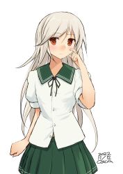 Rule 34 | 1girl, artist name, commentary request, cosplay, cowboy shot, dated, green sailor collar, green skirt, highres, kantai collection, kikuzuki (kancolle), long hair, mutsuki (kancolle), mutsuki (kancolle) (cosplay), neck ribbon, owa (ishtail), pleated skirt, puffy sleeves, red eyes, ribbon, sailor collar, short sleeves, simple background, skirt, solo, white background, white hair