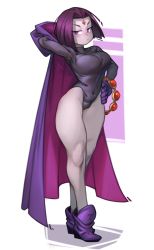 Rule 34 | 1girl, absurdres, belt, unworn belt, black leotard, blush, breasts, cape, unworn cape, cloak, unworn cloak, colored skin, dc comics, forehead jewel, gloves, grey skin, hand on own head, hand on own hip, highleg, highleg leotard, highres, hood, hood down, hooded cape, kelvin hiu, leotard, long sleeves, looking at viewer, looking to the side, medium breasts, purple cloak, purple gloves, purple hair, purple legwear, raven (dc), serious, short hair, solo, straight hair, teen titans, thick thighs, thighs, white background