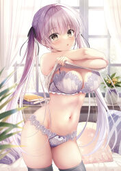 Rule 34 | 1girl, black thighhighs, blush, bra, breasts, brown eyes, clothes lift, grey bra, grey panties, indoors, large breasts, lifted by self, long hair, looking at viewer, navel, open mouth, original, panties, purple hair, solo, stomach, takano yuki (allegro mistic), thighhighs, twintails, underwear, undressing