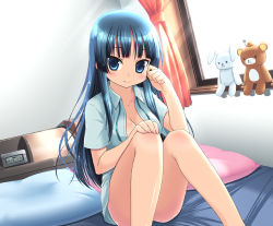 Rule 34 | 00s, 1girl, akiyama mio, amamiya minato, bad id, bad pixiv id, bed, blue eyes, blue hair, breasts, rabbit, censored, cleavage, convenient censoring, convenient leg, dutch angle, female focus, indoors, k-on!, large breasts, long hair, matching hair/eyes, open clothes, open shirt, pillow, shirt, solo, stuffed animal, stuffed toy, teddy bear